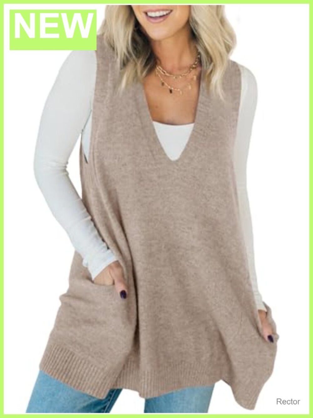 Sleeveless Sweater Vest V Neck Long Tunic Dress Knit A-Line